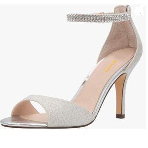 XYD Silver Glitter Open Toe Rhinestones Ankle Strap High Heel Back Zip Sandals